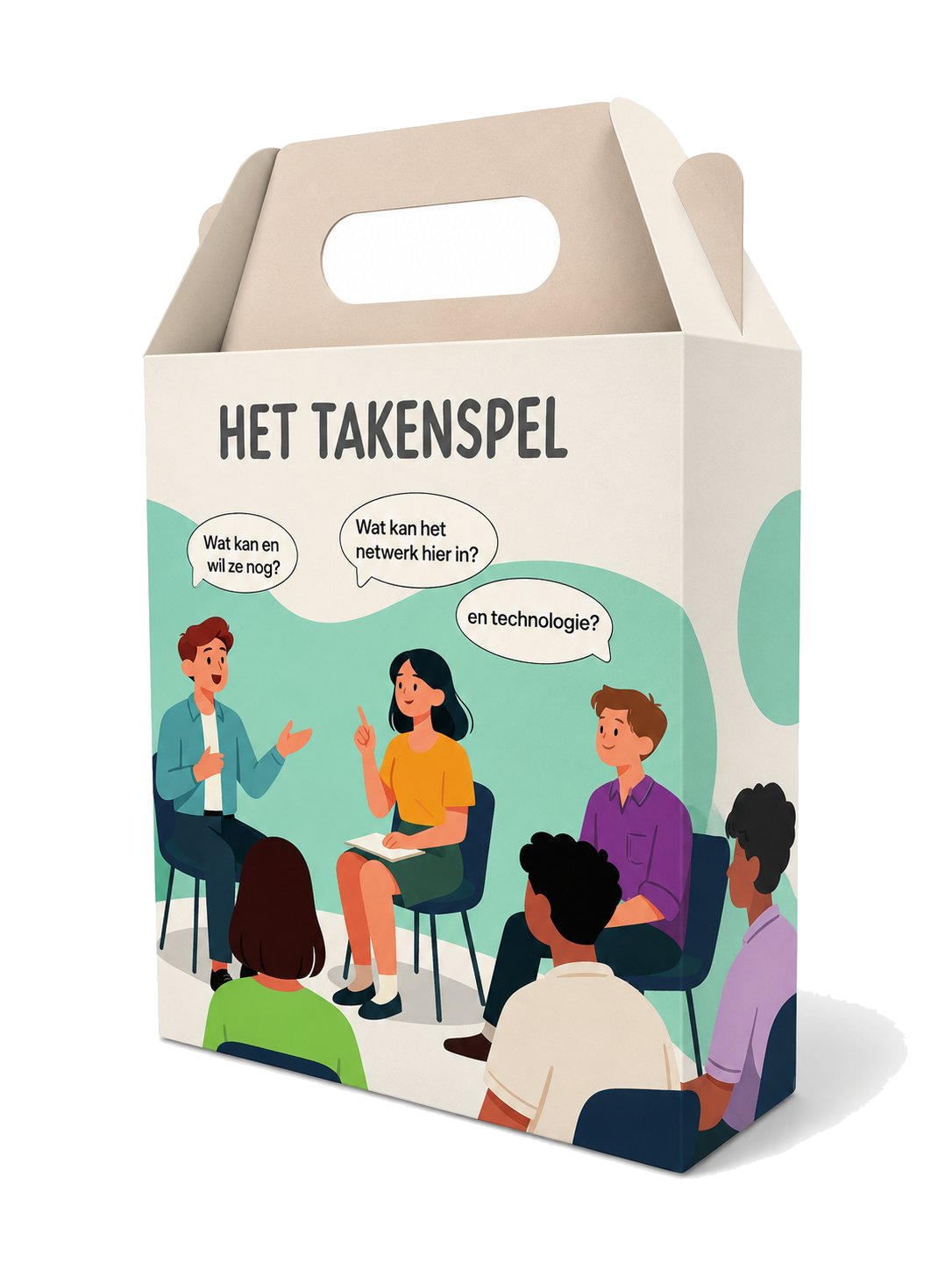 De verpakking van Het Takenspel: een doos met de illustratie van een team in gesprek.
