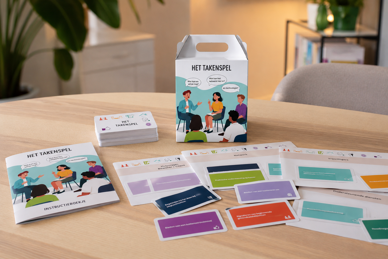 Het Takenspel uitgestald op tafel: de doos met de stapel speelkaarten en het instructieboekje.